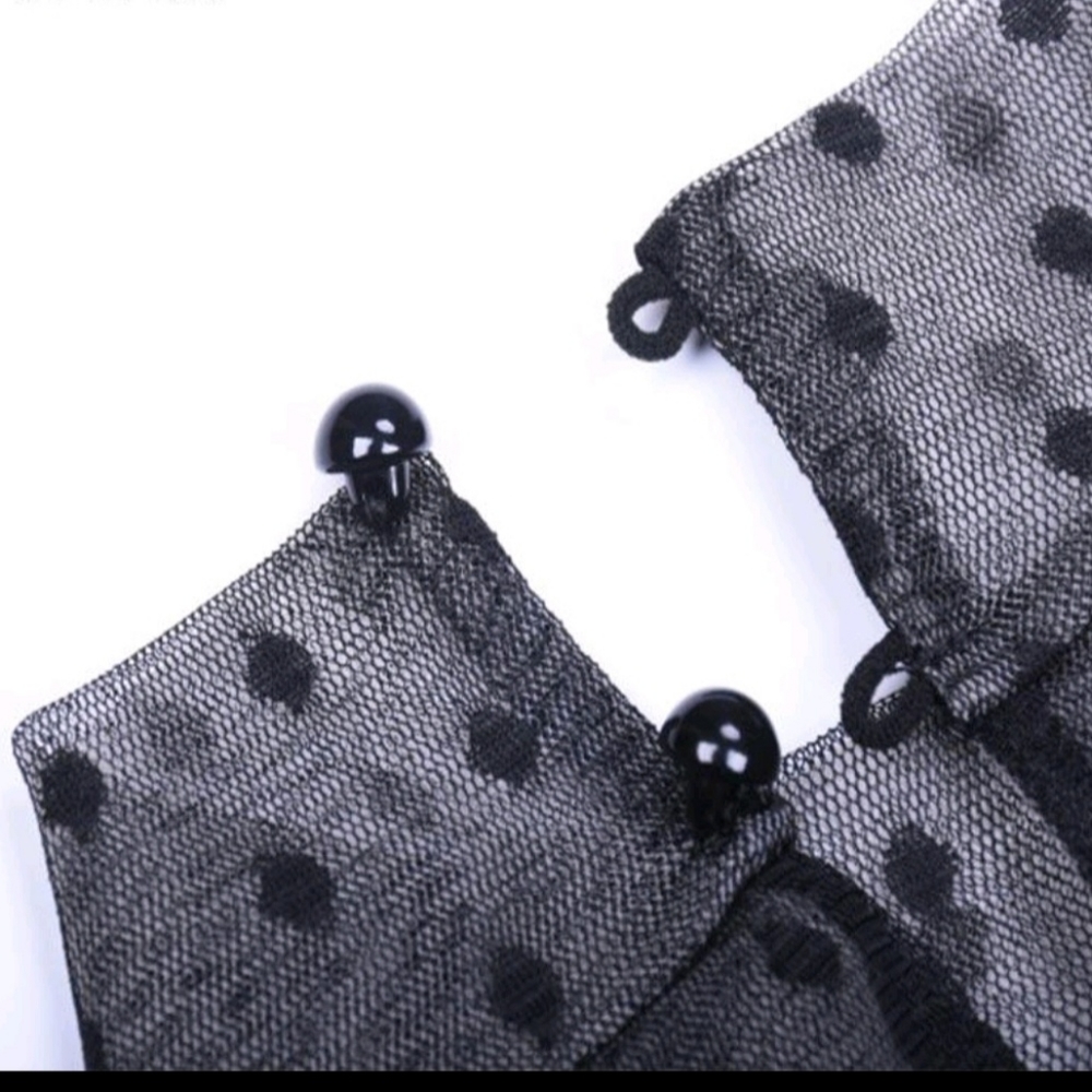 Women's Black Lace Polka Dot Turtleneck Long Sleeve Blouse - Picture 5 of 13